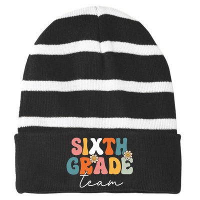 Sixth Grade Team Retro Groovy Back To School 6th Grade Striped Beanie with Solid Band