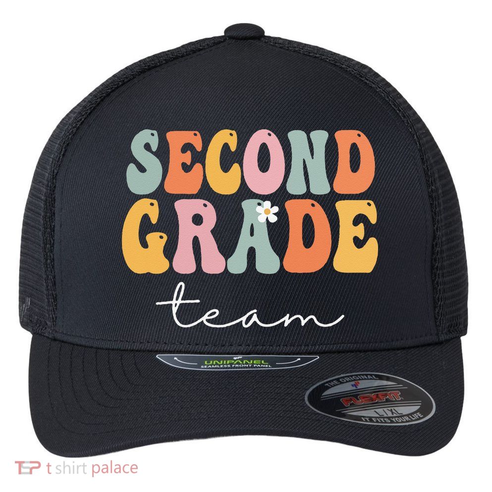 Second Grade Team Retro Groovy Vintage First Day Of School Flexfit Unipanel Trucker Cap