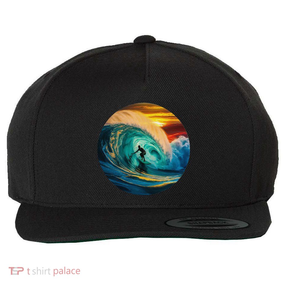 Surfer Getting Tubed And Barreled At Sunset. Art Print. Wool Snapback Cap