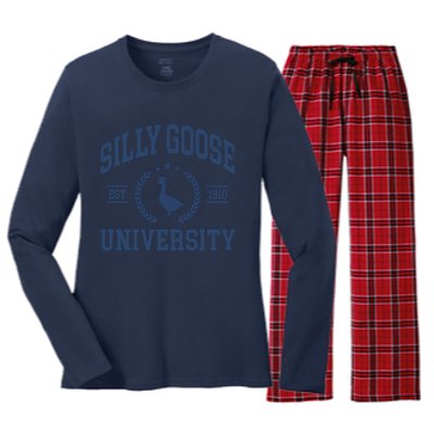 Silly Goose University Funny Goose On The Loose Funny Saying Women's Long Sleeve Flannel Pajama Set 