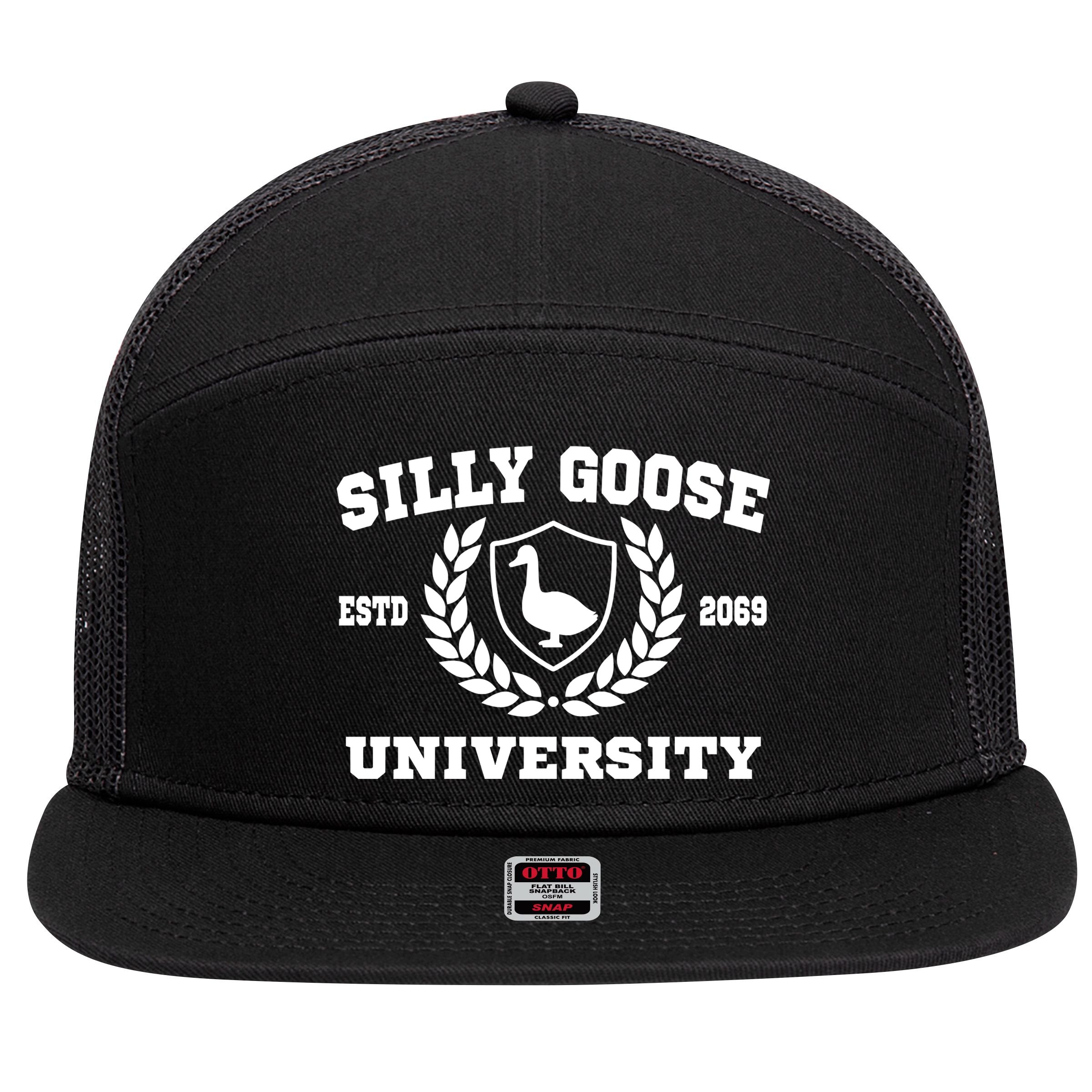 Silly Goose University Funny Meme School Bird 7 Panel Mesh Trucker Snapback Hat