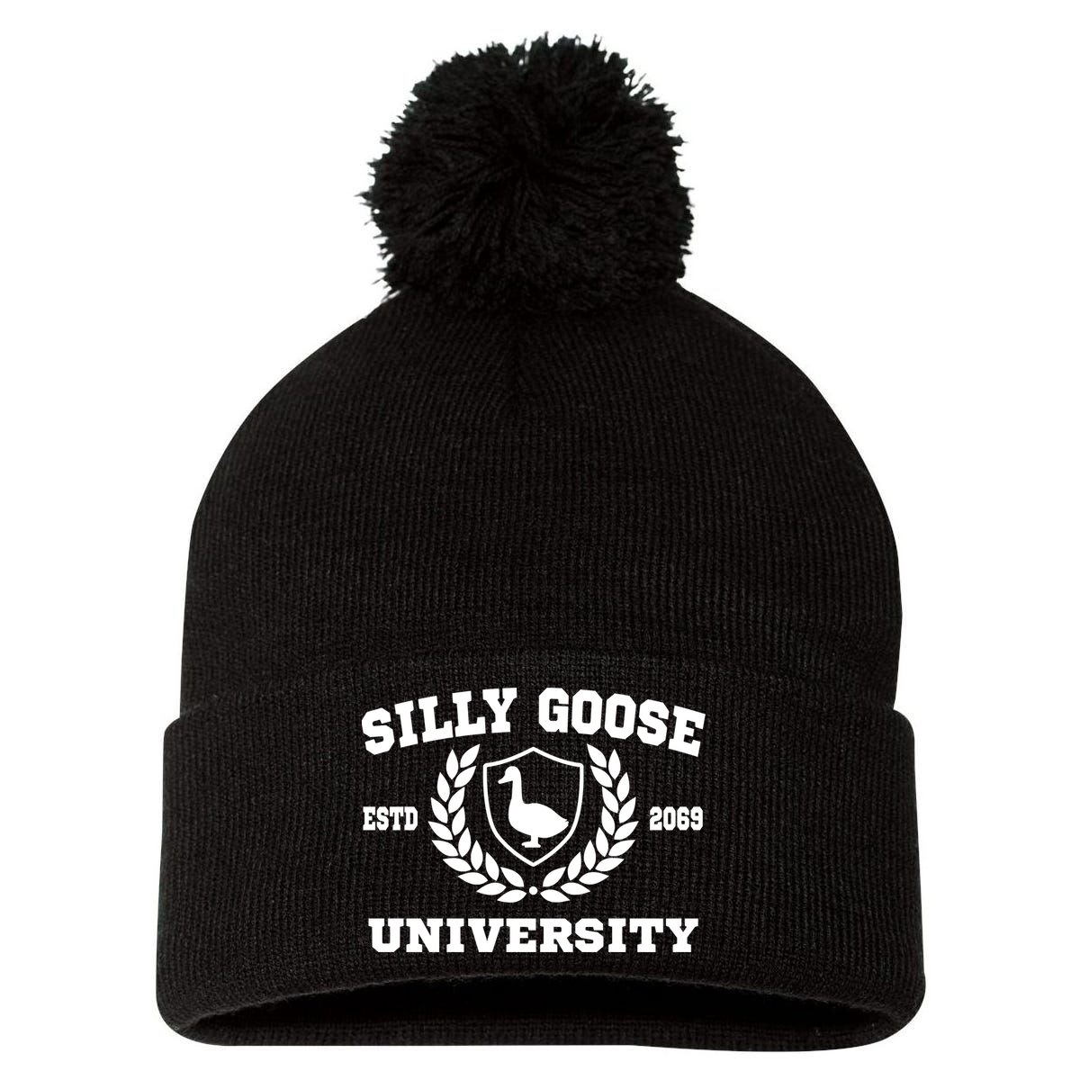 Silly Goose University Funny Meme School Bird Pom Pom 12in Knit Beanie