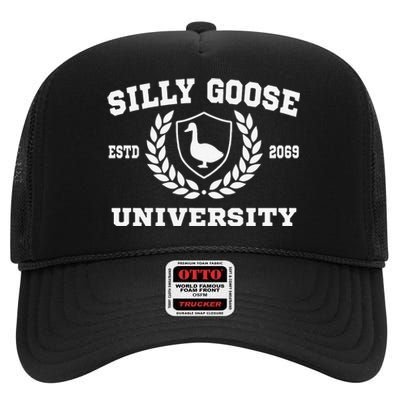 Silly Goose University Funny Meme School Bird High Crown Mesh Back Trucker Hat