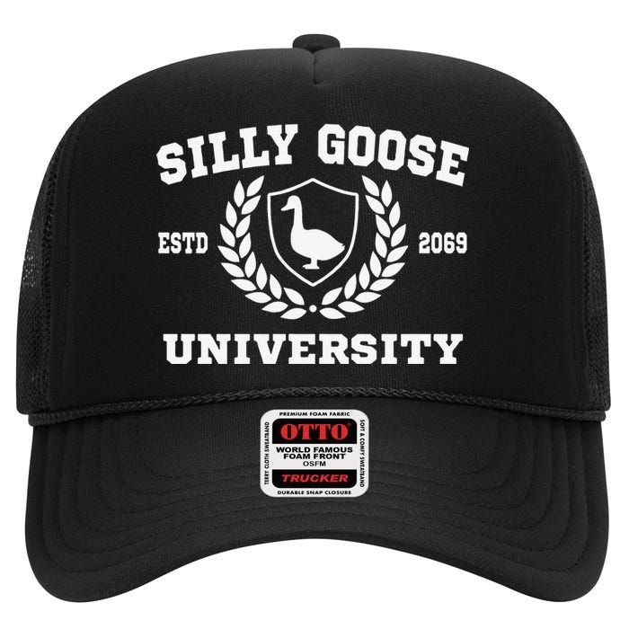 Silly Goose University Funny Meme School Bird High Crown Mesh Back Trucker Hat