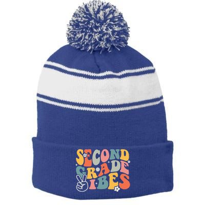 Second Grade Vibes Team 2nd Grade Groovy Back To School Stripe Pom Pom Beanie