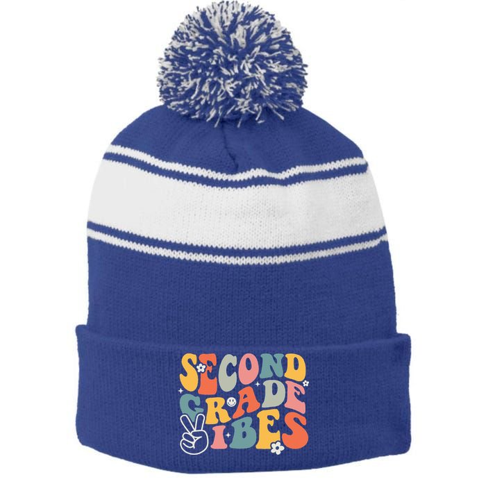 Second Grade Vibes Team 2nd Grade Groovy Back To School Stripe Pom Pom Beanie