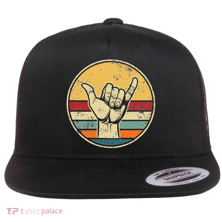 Shaka Good Vibes Hang Loose Surfing Beach Apparel Design Flat Bill Trucker Hat