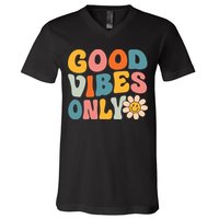 Summer Good Vibes Only Groovy Retro Beach Hawaii Vacation V-Neck T-Shirt