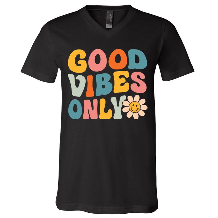 Summer Good Vibes Only Groovy Retro Beach Hawaii Vacation V-Neck T-Shirt