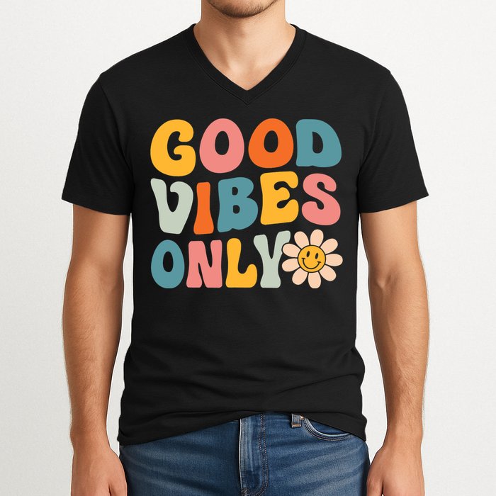 Summer Good Vibes Only Groovy Retro Beach Hawaii Vacation V-Neck T-Shirt