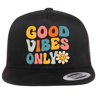 Summer Good Vibes Only Groovy Retro Beach Hawaii Vacation Flat Bill Trucker Hat