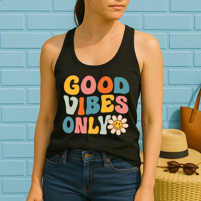 Summer Good Vibes Only Groovy Retro Beach Hawaii Vacation Womens Tank Top