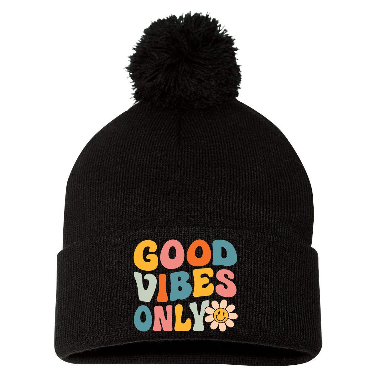 Summer Good Vibes Only Groovy Retro Beach Hawaii Vacation Pom Pom 12in Knit Beanie