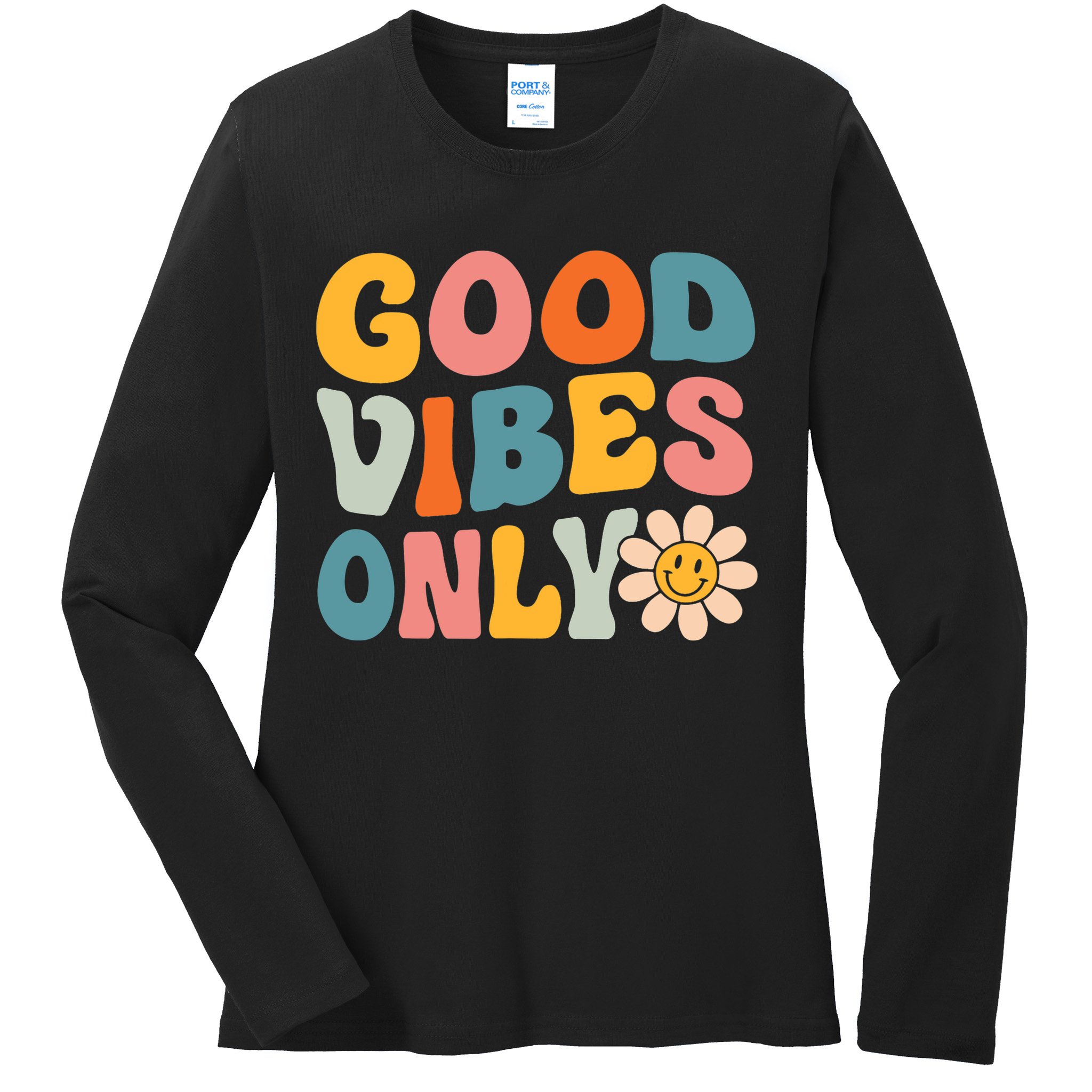 Summer Good Vibes Only Groovy Retro Beach Hawaii Vacation Ladies Long Sleeve Shirt