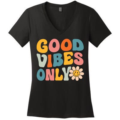 Summer Good Vibes Only Groovy Retro Beach Hawaii Vacation Women's V-Neck T-Shirt