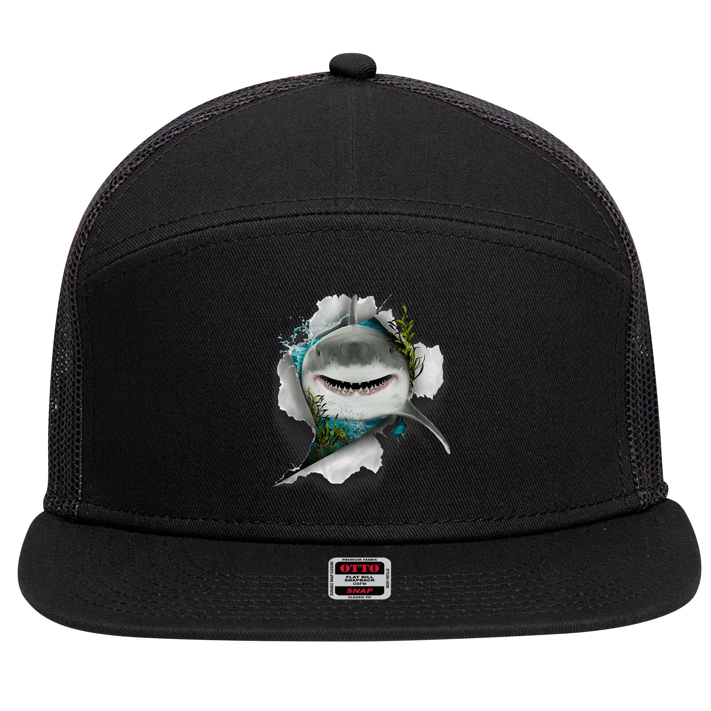 Shark Great White Shark Deep Sea Fishing Funny Shark 7 Panel Mesh Trucker Snapback Hat