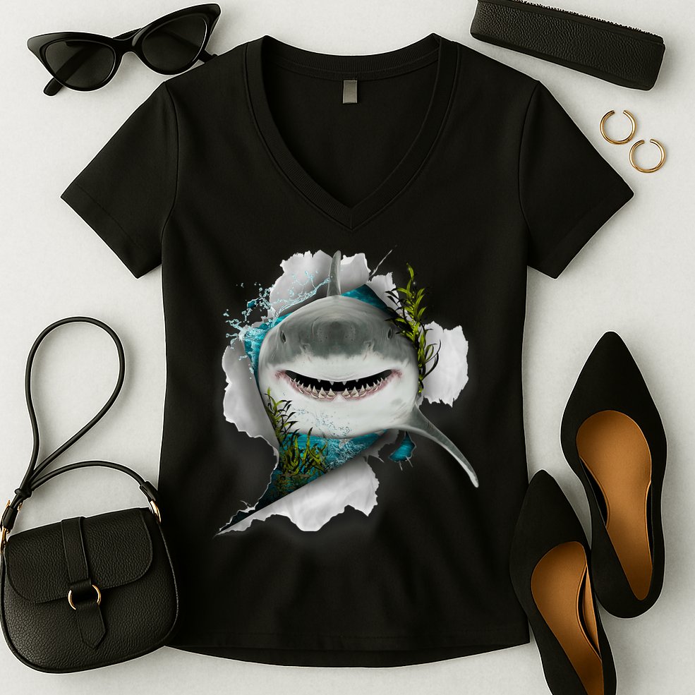 Shark Great White Shark Deep Sea Fishing Funny Shark Women's V-Neck T-Shirt