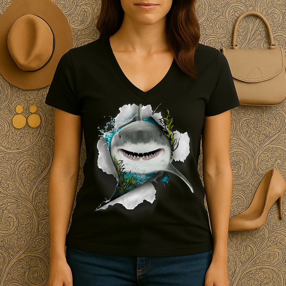 Shark Great White Shark Deep Sea Fishing Funny Shark Women's V-Neck T-Shirt