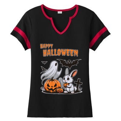 Spooky Ghost With Bunny Ladies Halftime Notch Neck Tee