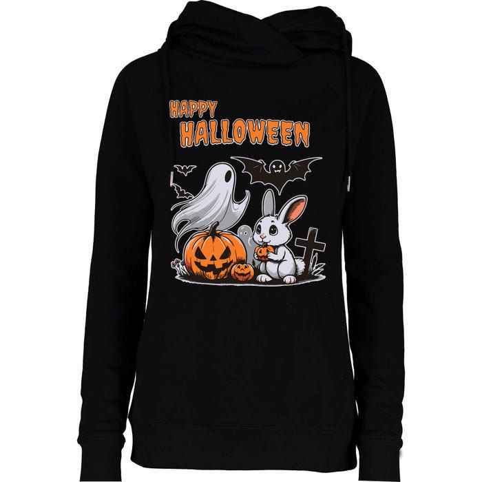 Spooky Ghost With Bunny Womens Funnel Neck Pullover Hood