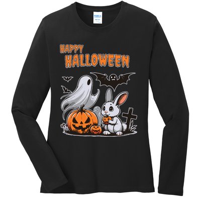 Spooky Ghost With Bunny Ladies Long Sleeve Shirt