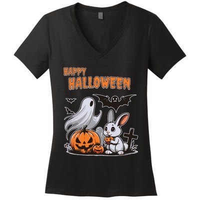 Spooky Ghost With Bunny Women's V-Neck T-Shirt