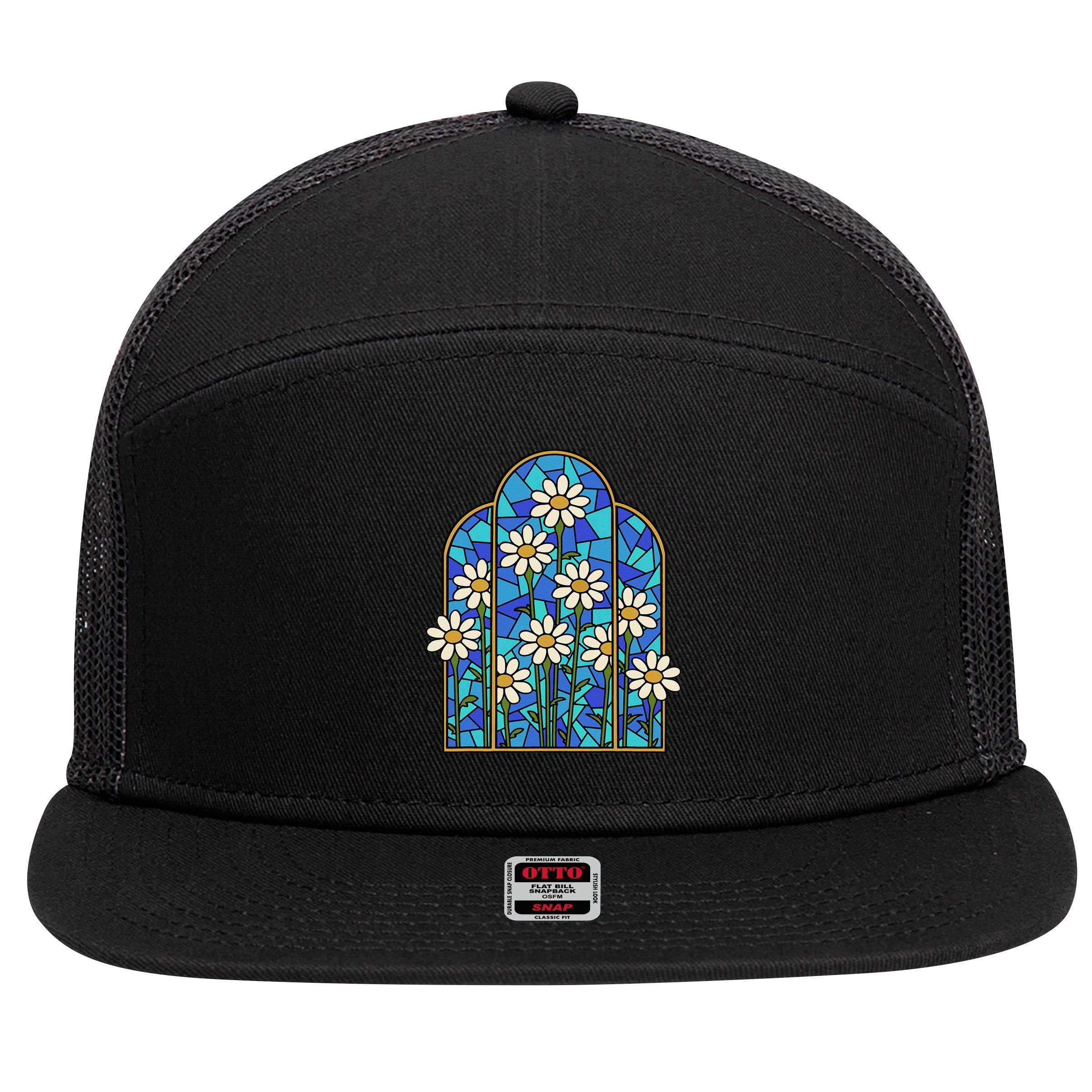 Stained Glass Wildflower Flower Kaleidoscope Church Window 7 Panel Mesh Trucker Snapback Hat