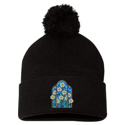 Stained Glass Wildflower Flower Kaleidoscope Church Window Pom Pom 12in Knit Beanie