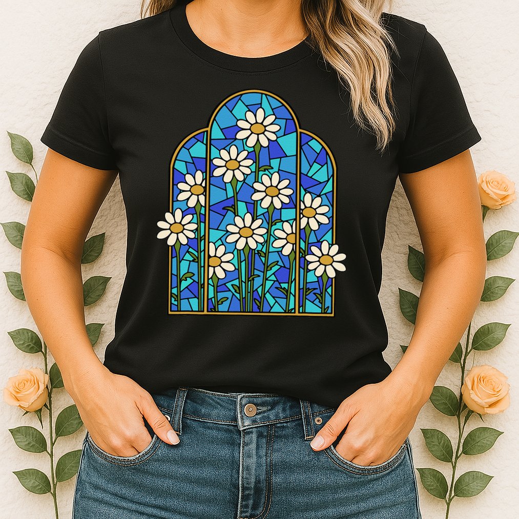 Stained Glass Wildflower Flower Kaleidoscope Church Window Womens T-Shirt