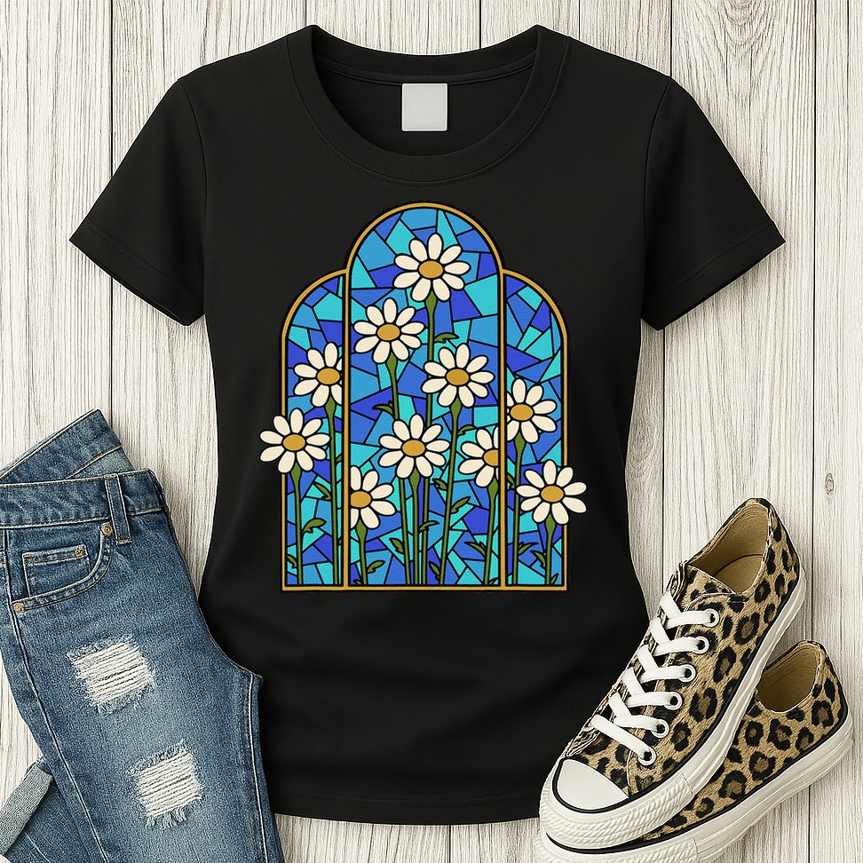 Stained Glass Wildflower Flower Kaleidoscope Church Window Womens T-Shirt