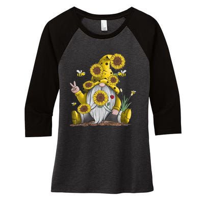 Sunflower Gnome With Bee Funny Hippie Gnome Women's Tri-Blend 3/4-Sleeve Raglan Shirt