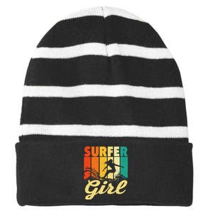 Surfer Girl Waves Surfing Trainer Surfboard Lover Striped Beanie with Solid Band