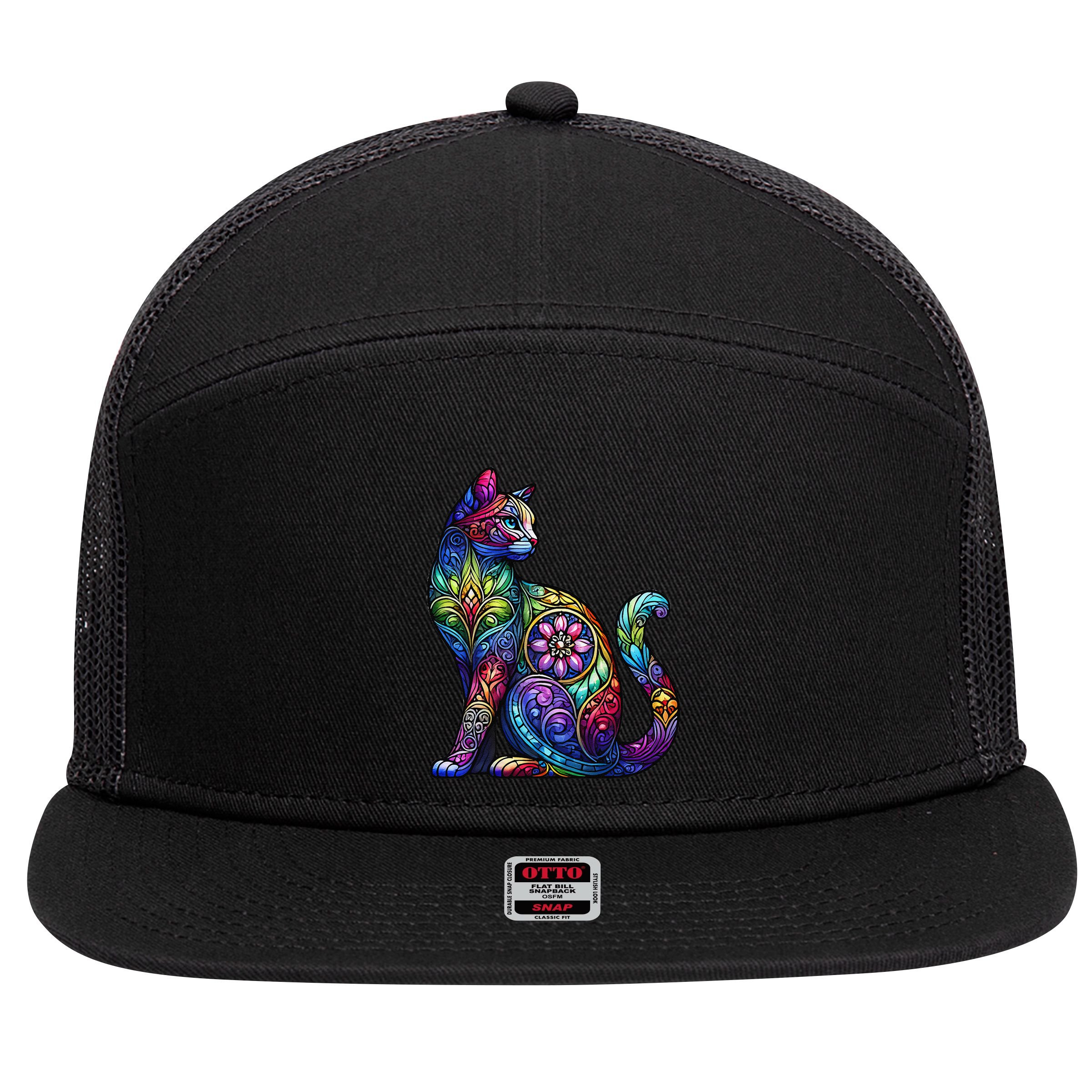 Stained Glass Window Cat Art 7 Panel Mesh Trucker Snapback Hat