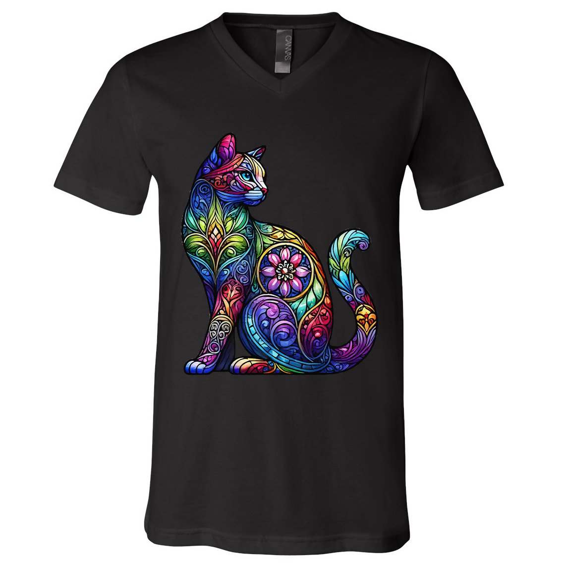 Stained Glass Window Cat Art V-Neck T-Shirt