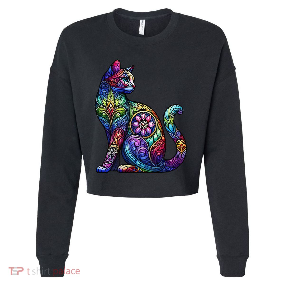 Stained Glass Window Cat Art Cropped Pullover Crew