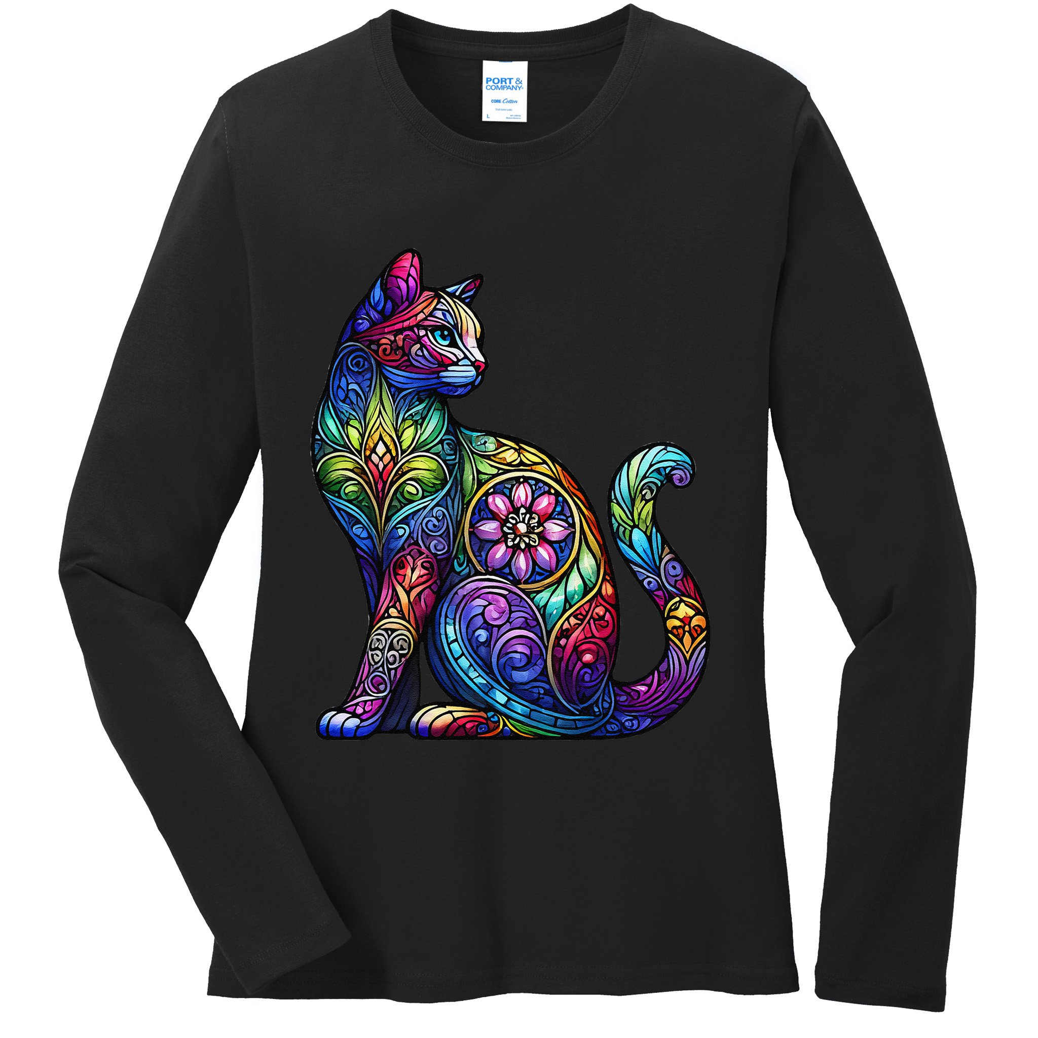 Stained Glass Window Cat Art Ladies Long Sleeve Shirt