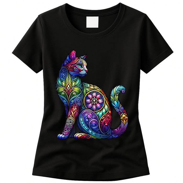 Stained Glass Window Cat Art Womens T-Shirt