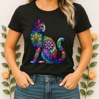 Stained Glass Window Cat Art Womens T-Shirt