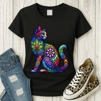 Stained Glass Window Cat Art Womens T-Shirt