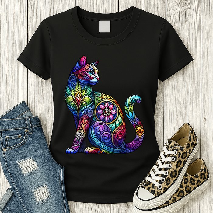 Stained Glass Window Cat Art Womens T-Shirt