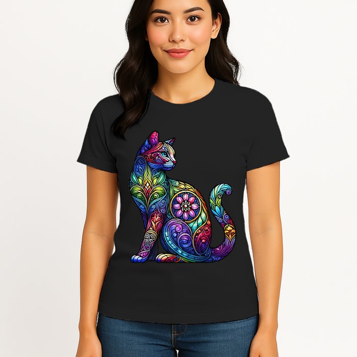Stained Glass Window Cat Art Womens T-Shirt