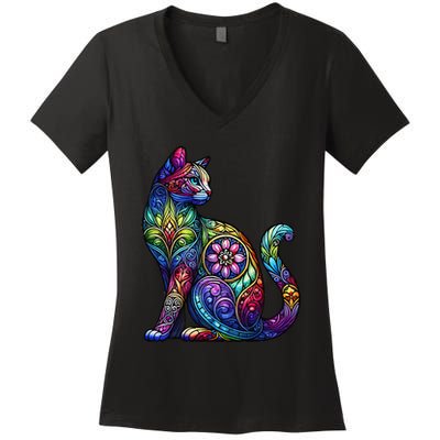 Stained Glass Window Cat Art Women's V-Neck T-Shirt
