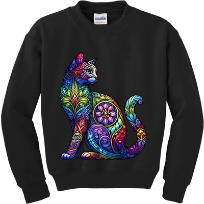 Stained Glass Window Cat Art Kids Sweatshirt