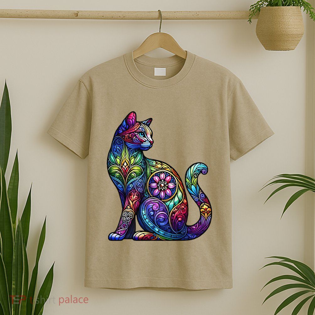 Stained Glass Window Cat Art T-Shirt