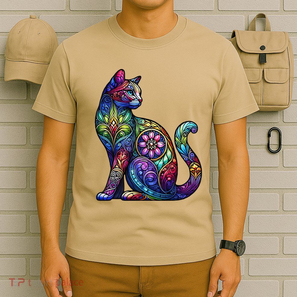 Stained Glass Window Cat Art T-Shirt