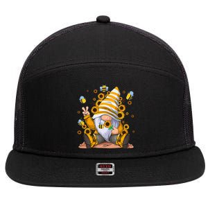 Sunflower Gnome With Bee Hippie Flower mom 7 Panel Mesh Trucker Snapback Hat