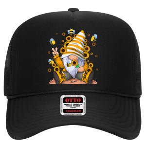 Sunflower Gnome With Bee Hippie Flower mom High Crown Mesh Back Trucker Hat