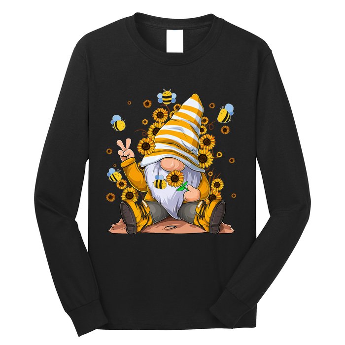 Sunflower Gnome With Bee Hippie Flower mom Long Sleeve Shirt