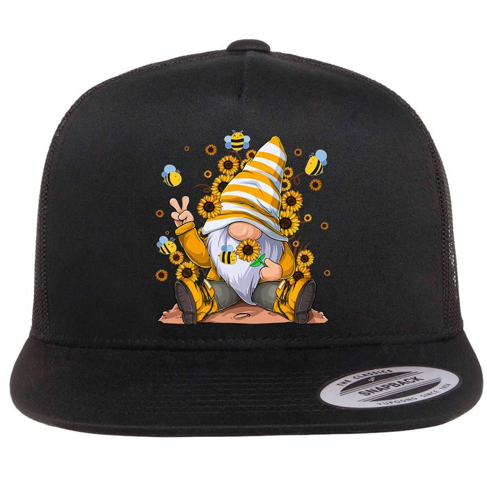 Sunflower Gnome With Bee Hippie Flower mom Flat Bill Trucker Hat