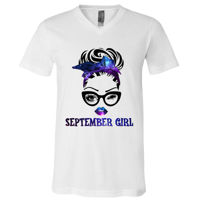 september galaxy wink eye woman face wink eyes lady V-Neck T-Shirt